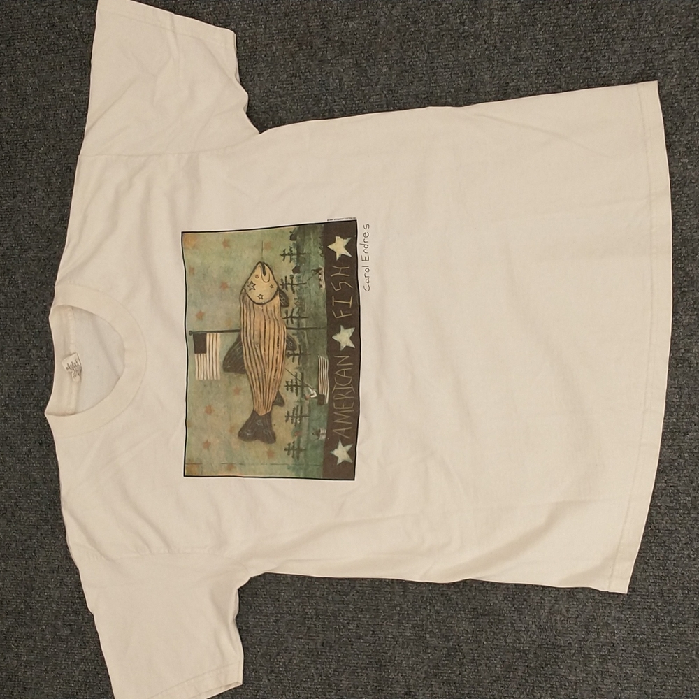 Vintage 90s Tee American Fish by Carol Endres USA made Vermont Cotton Folk Art L